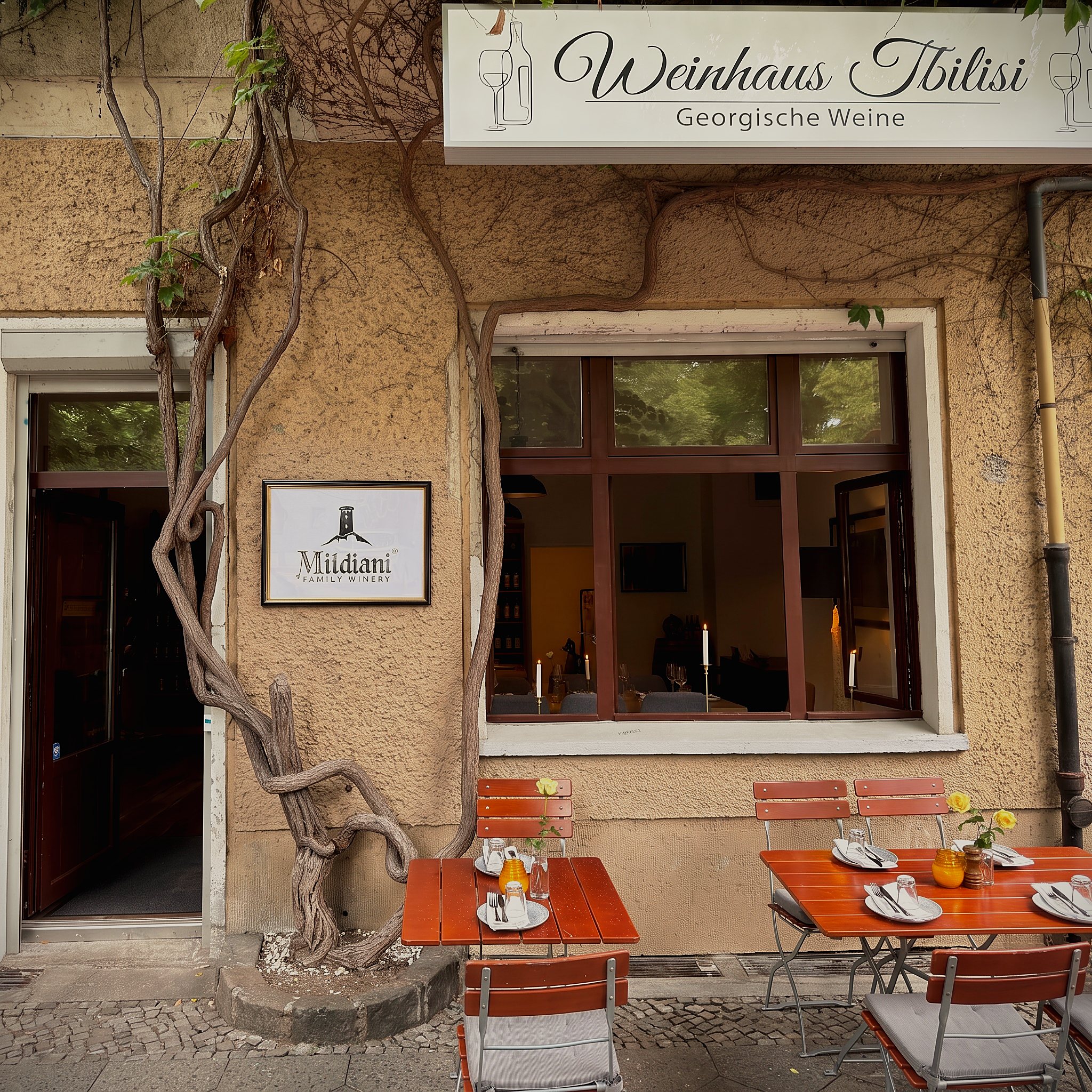 The front of Weinhaus Tbilisi on Schönfließer Straße, with terrace tables outside