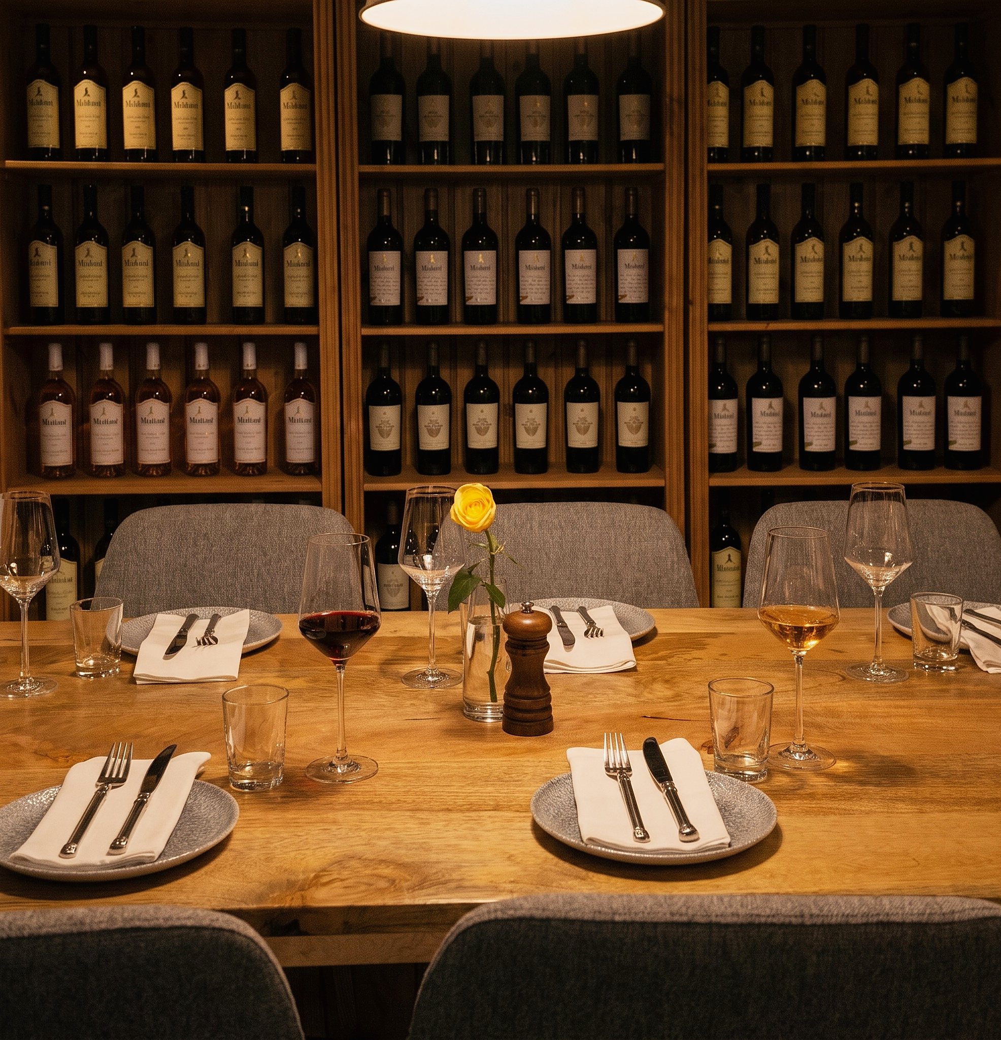 The long table laid for service, glasses of red and amber wine poured, the wine shelves behind